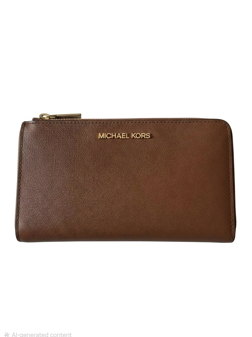 Michael Kors Brown Saffiano Leather Zip Wallet with Gold Logo